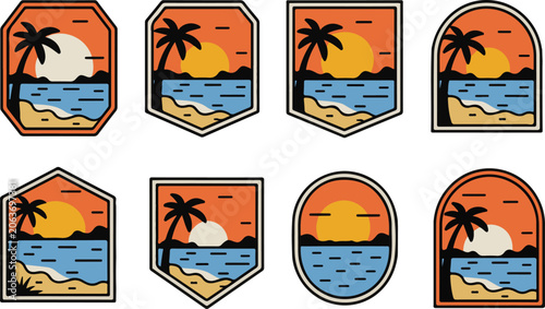 Sunset Beach Badge Collection Vector Icons Tropical Ocean Landscape Emblems Set