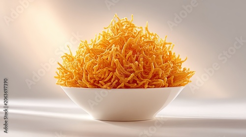 A large heap of crunchy yellow orange fried potato shoestring sticks piled inside a white ceramic bowl on a light surface