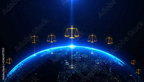 Global Justice and Fairness: Abstract representation of the earth with glowing scales of justice symbolizing universal law and ethical principles.
