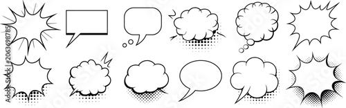 Collection of various comic speech and thought bubble styles in line art