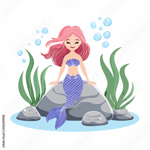 Cute Mermaid Sitting on Rock with Pink Hair and Blue Tail