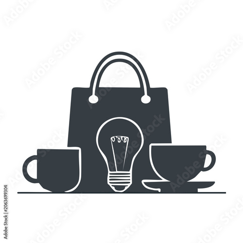 Shopping bag with light bulb and coffee cups icon