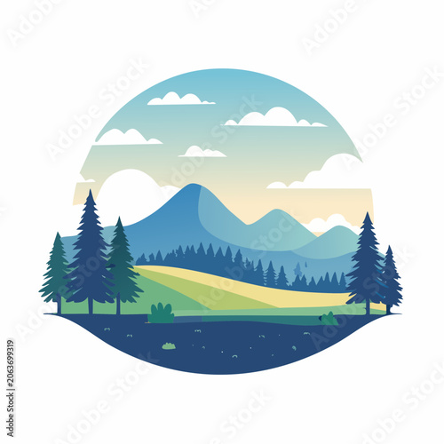 Stylized Mountain Landscape with Pine Trees and Clouds