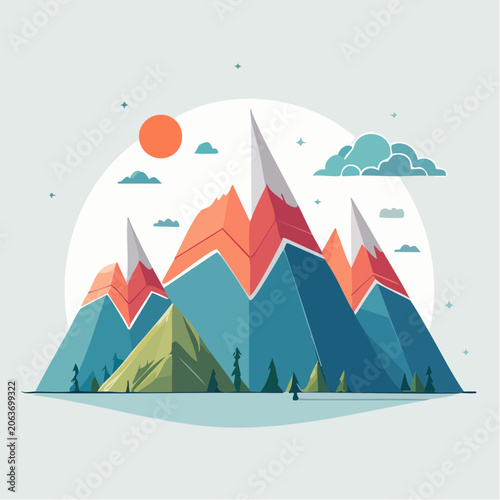 Stylized Mountain Landscape with Sun and Clouds
