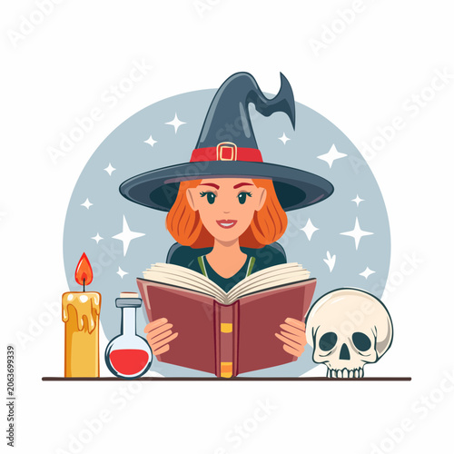 Witch Reading Spell Book with Skull and Candle