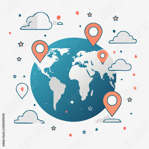 World Map with Location Pins and Clouds