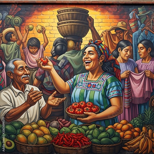 Vibrant Traditional Mexican Market Scene with Vendors and Fresh Produce.