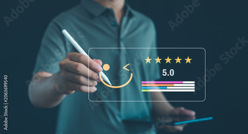 Customer satisfaction and five-star rating concept featuring a user providing digital feedback on a mobile device, highlighting customer experience, online reviews, service quality, and brand trust.
