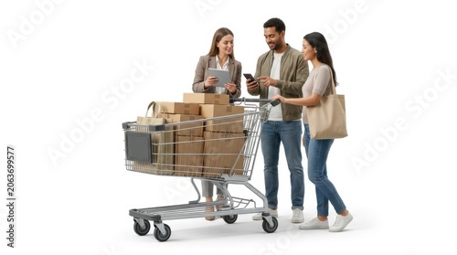 Three people with a shopping cart full of packages isolated on white background