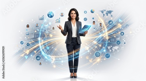 Professional businesswoman presenting global data analytics isolated on white background