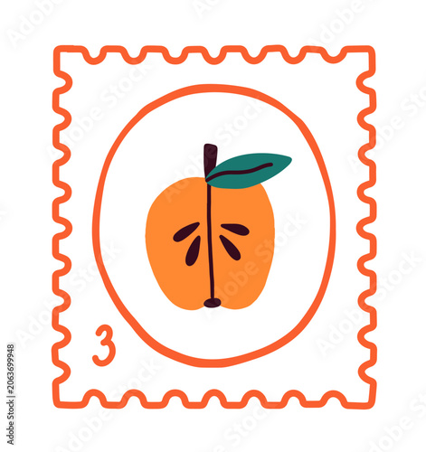 Apple, post stamp. Summer fruit, postal mark with perforated edge. Healthy vi...