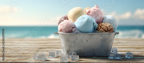 ice creams of different flavors and ice cubes in the ice cube tray.