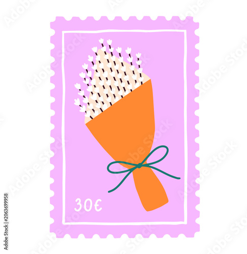 Flower bouquet, post stamp design. Postal mark with floral gift wrapped in pa...