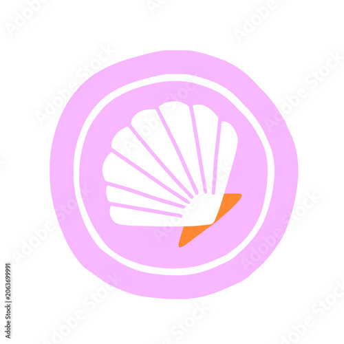 Seashell, round sticker. Beach vacation, summer holiday badge, circle label w...
