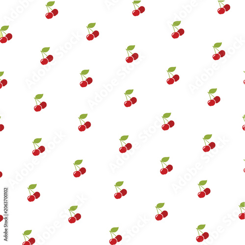 Seamless juicy red cherries pattern. Seamless cherry pattern on white background. Cute red cherry illustrations scattered evenly