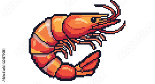 Pixel art shrimp, retro game style, isolated on white background, vibrant orange seafood illustration