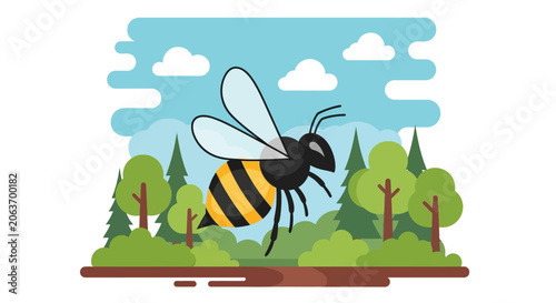 Flying Bee Over Green Forest Landscape, Nature Illustration, Vector Art