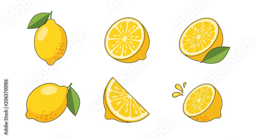 Vibrant Lemon Illustrations: Whole, Sliced, and Juiced Citrus Fruits