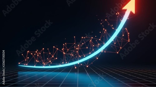 Rising Digital Arrow Business Success  Technology Network on Dark Background.