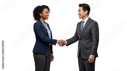 Professional business man and woman shaking hands isolated on white background