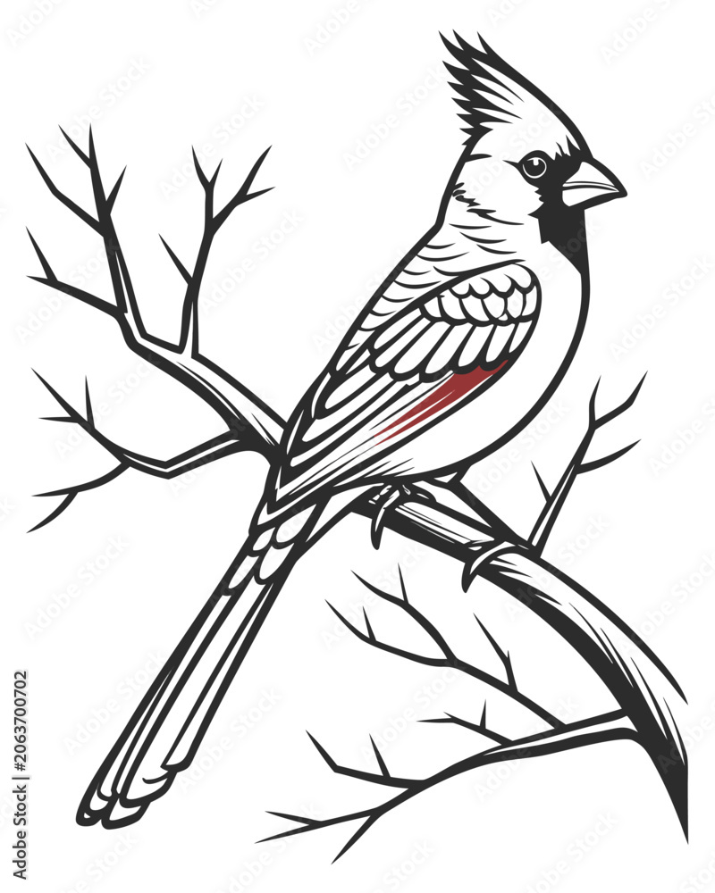 Fototapeta premium Cardinal bird perched on a branch, vector illustration