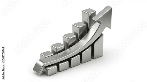3d rendered metallic bar chart with an upward trending arrow