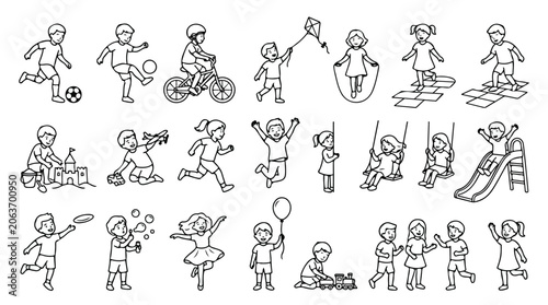 Foto Outline kids activity icons set, children playing outdoors vector illustrations,