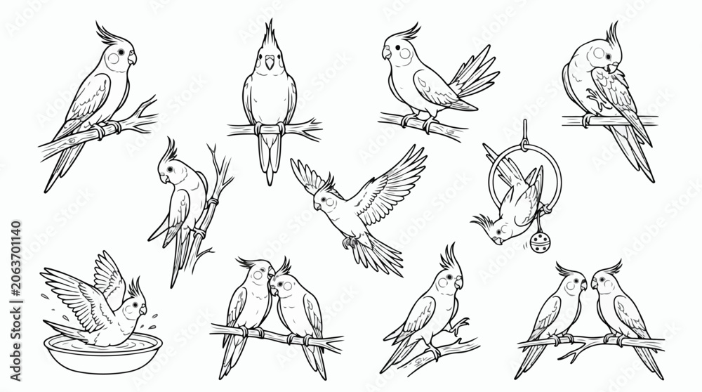 Obraz premium Hand drawn cockatiel bird vector set, black and white parrot line art illustrations, pet bird sketches for coloring books and nature designs