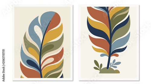 Abstract colorful feather leaf botanical print set.