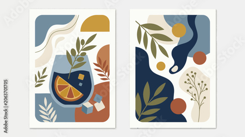 Abstract cocktail illustrations with citrus and leaves.