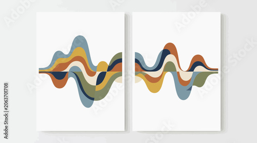 Abstract colorful soundwave frequency line art diptych.