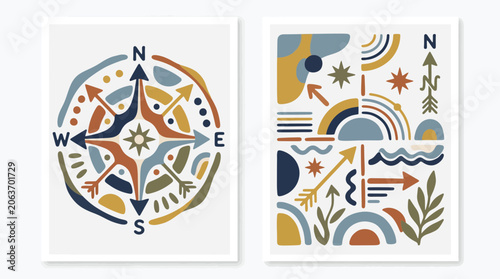 Abstract compass and map symbol geometric illustrations.
