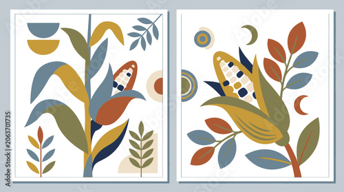 Abstract corn harvest illustrations in folk style.