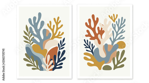 Abstract coral and seaweed botanical wall art set.