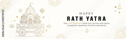 Happy rath yatra greeting card with golden line art chariot