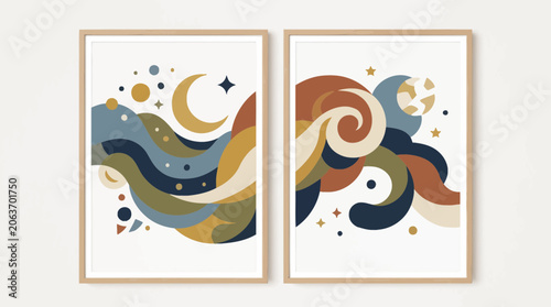 Abstract crescent moon and stars swirling diptych art.