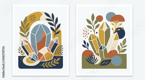 Abstract crystal clusters with botanical leaf accents.