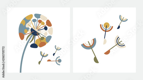 Abstract dandelion seed and flower botanical wall art prints.