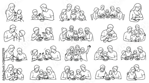 Foto Minimalist family eating line art icons, set of 20 vector illustrations of paren