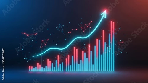 Digital Business Growth Chart with Rising Arrow and Abstract Data Network.