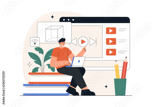 Online Learning Platform Illustration Featuring E-Learning Courses, Distance Education, Video Tutorials, Digital Study, and Remote Training