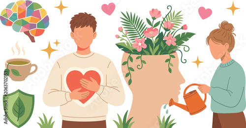 Mental Health Awareness Vector Illustration Set with People Cultivating Mindfulness Colorful Brain Tea Shield and Heart Symbols for Wellness Designs