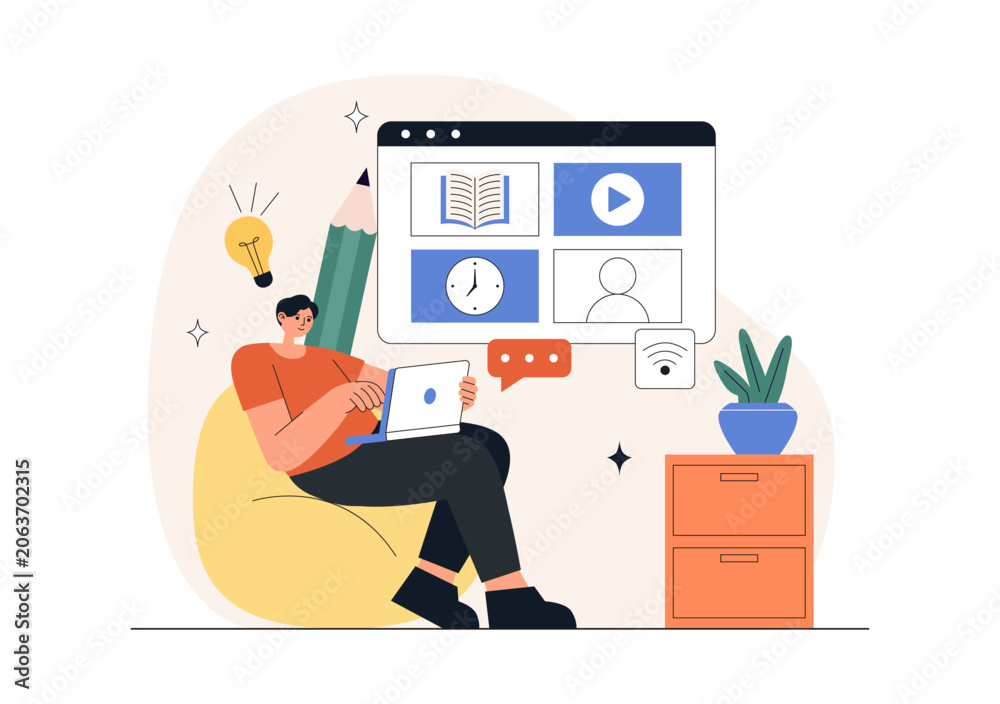 Naklejka premium Online Learning Platform Illustration Featuring E-Learning Courses, Distance Education, Video Tutorials, Digital Study, and Remote Training