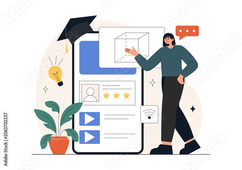 Online Learning Platform Illustration Featuring E-Learning Courses, Distance Education, Video Tutorials, Digital Study, and Remote Training