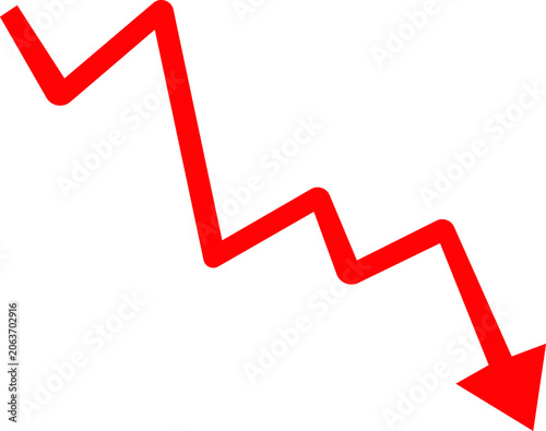 Red descending arrow with sharp zigzag pattern illustrating sales decline, revenue loss, investment risk, market downturn, and finance infographic design