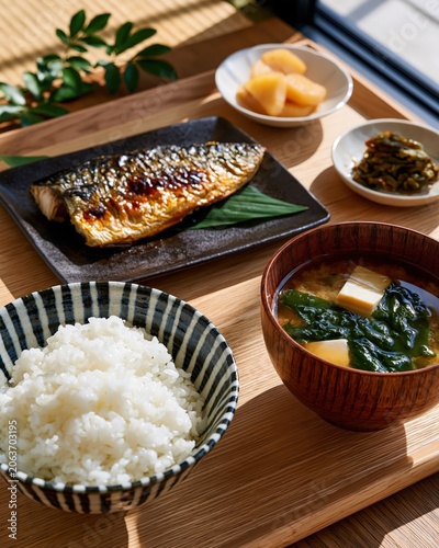 japanese grilled mackerel set meal with rice and miso soup