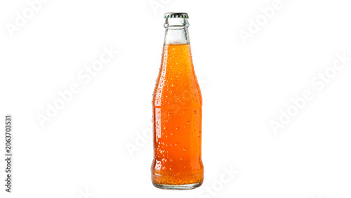 Glass bottle filled with fresh orange juice or soda isolated on transparent background cut out
