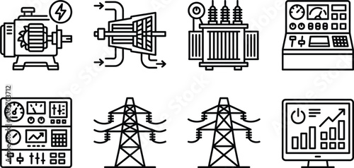 Electrical power generation and industrial grid infrastructure line icons