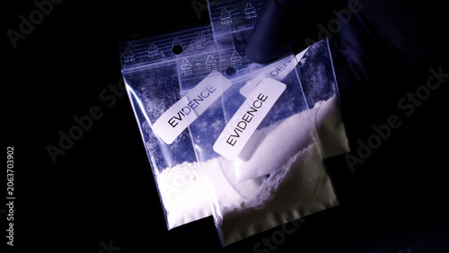Quadro su tela Gloved hand presenting two clear plastic evidence bags containing a white powdery substance