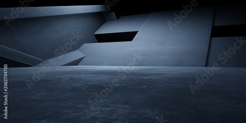 Minimal futuristic 3D showroom dark, geometric architecture, concrete floor. Modern sci-fi background for product display, automotive, advertising, technology, game presentation, luxury, showcase